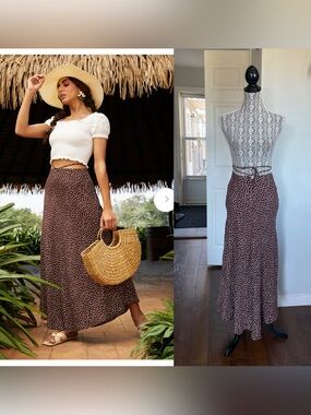 New Large Mango Polka Dot Tie Waist Skirt. Brown.